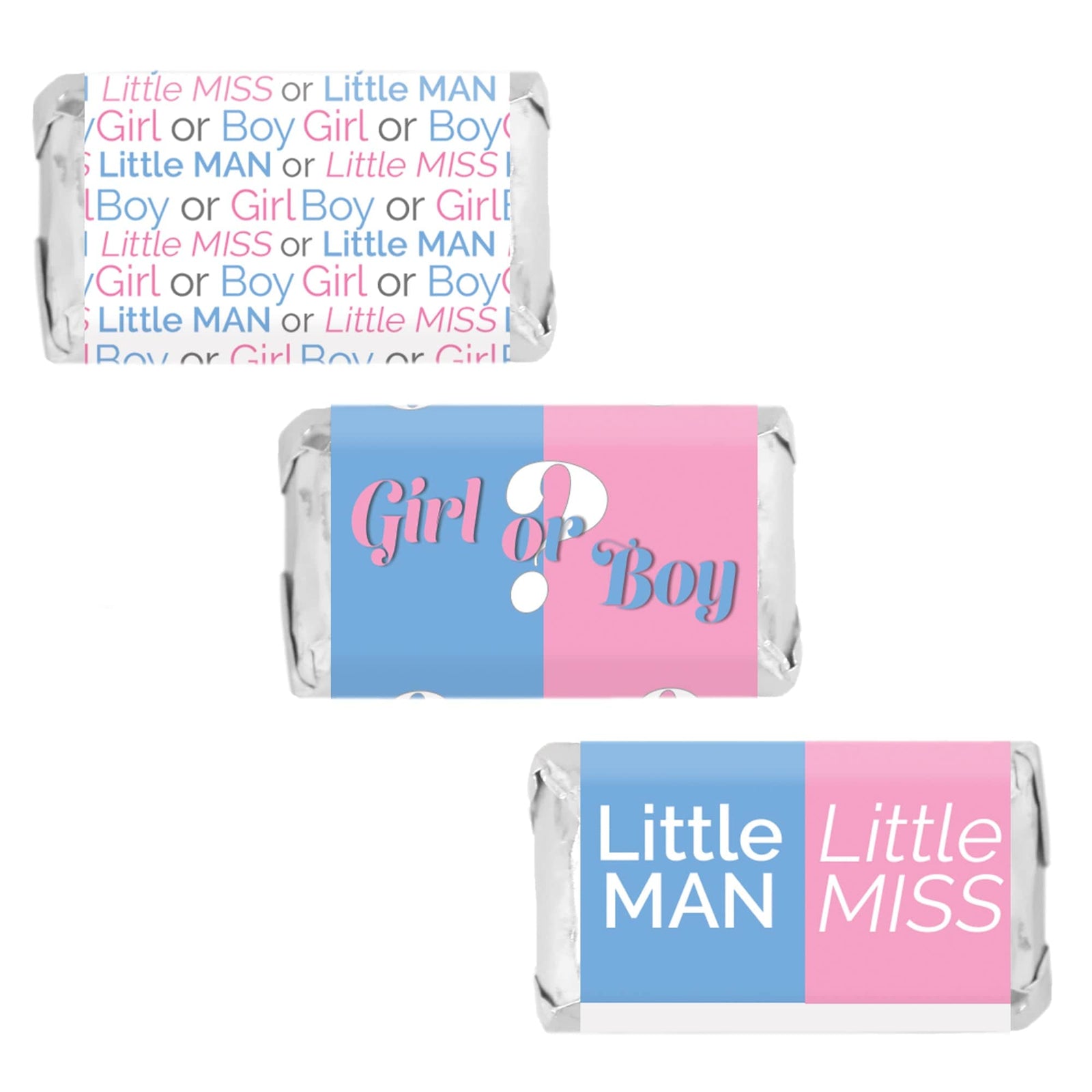 Gender Reveal Party: Little Man or Little Miss - Mini Candy Bar Stickers - Fit on Hershey® Miniatures - 45 Count - Distinctivs Party