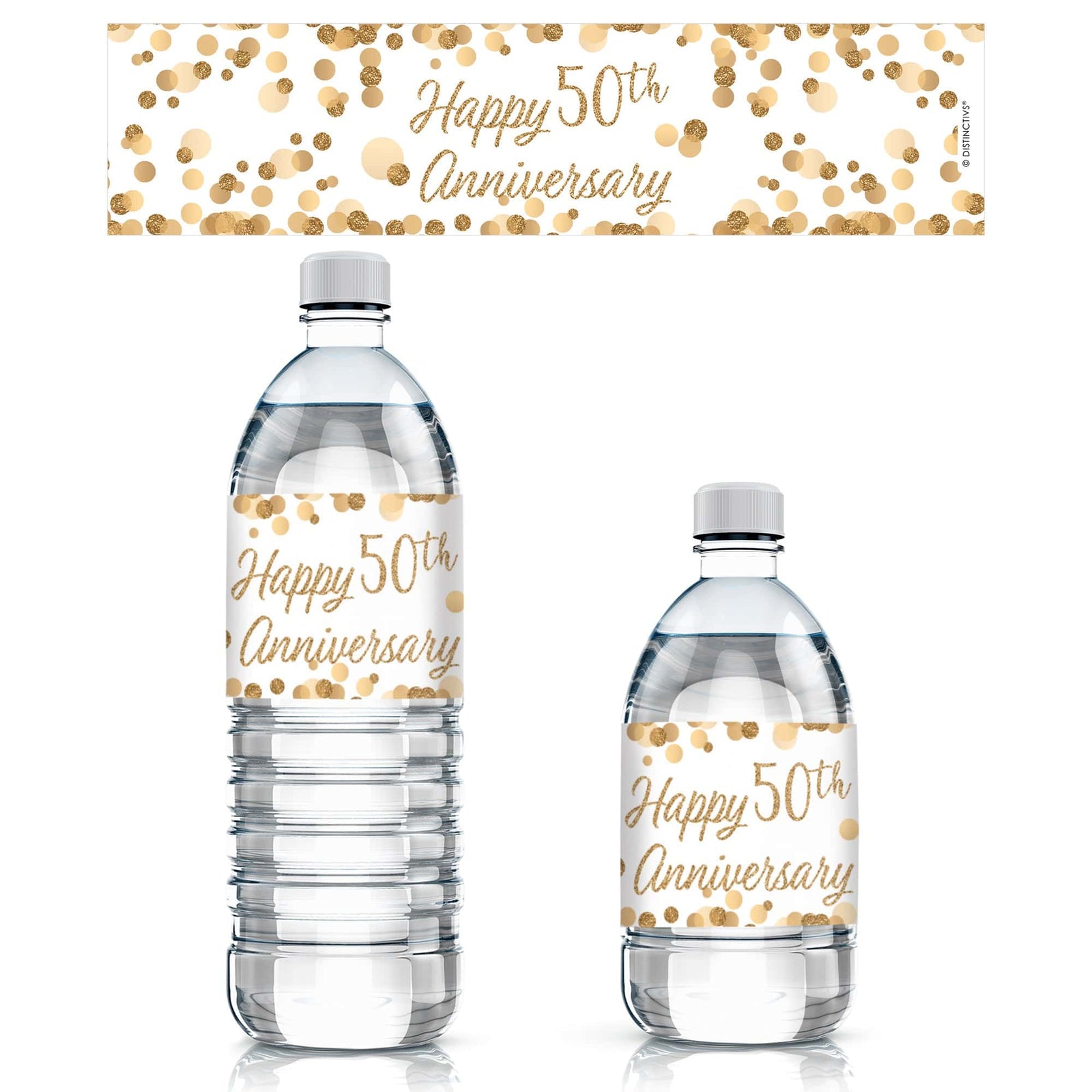 Gold 50th Anniversary: Water Bottle Labels - 24 Waterproof Stickers - Distinctivs Party