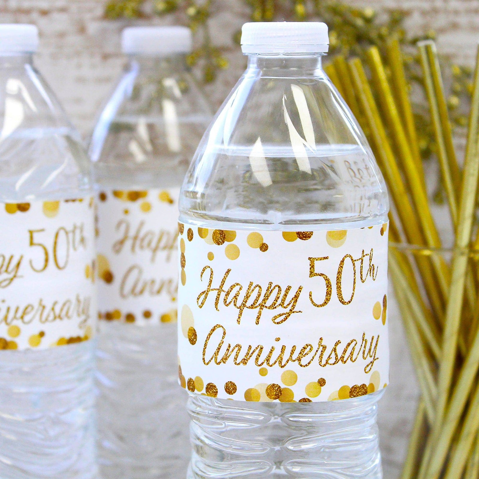 Gold 50th Anniversary: Water Bottle Labels - 24 Waterproof Stickers - Distinctivs Party