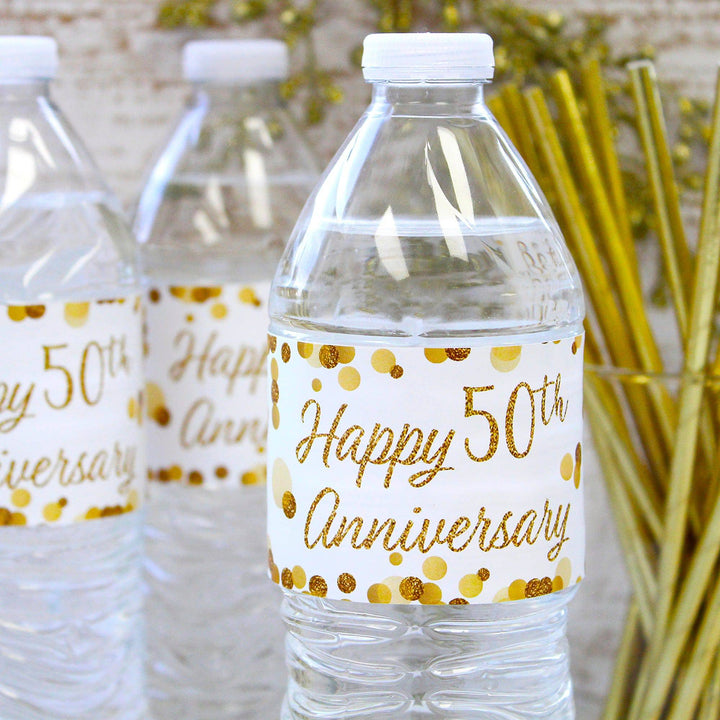 Gold 50th Anniversary Party Water Bottle Labels - 24 Count