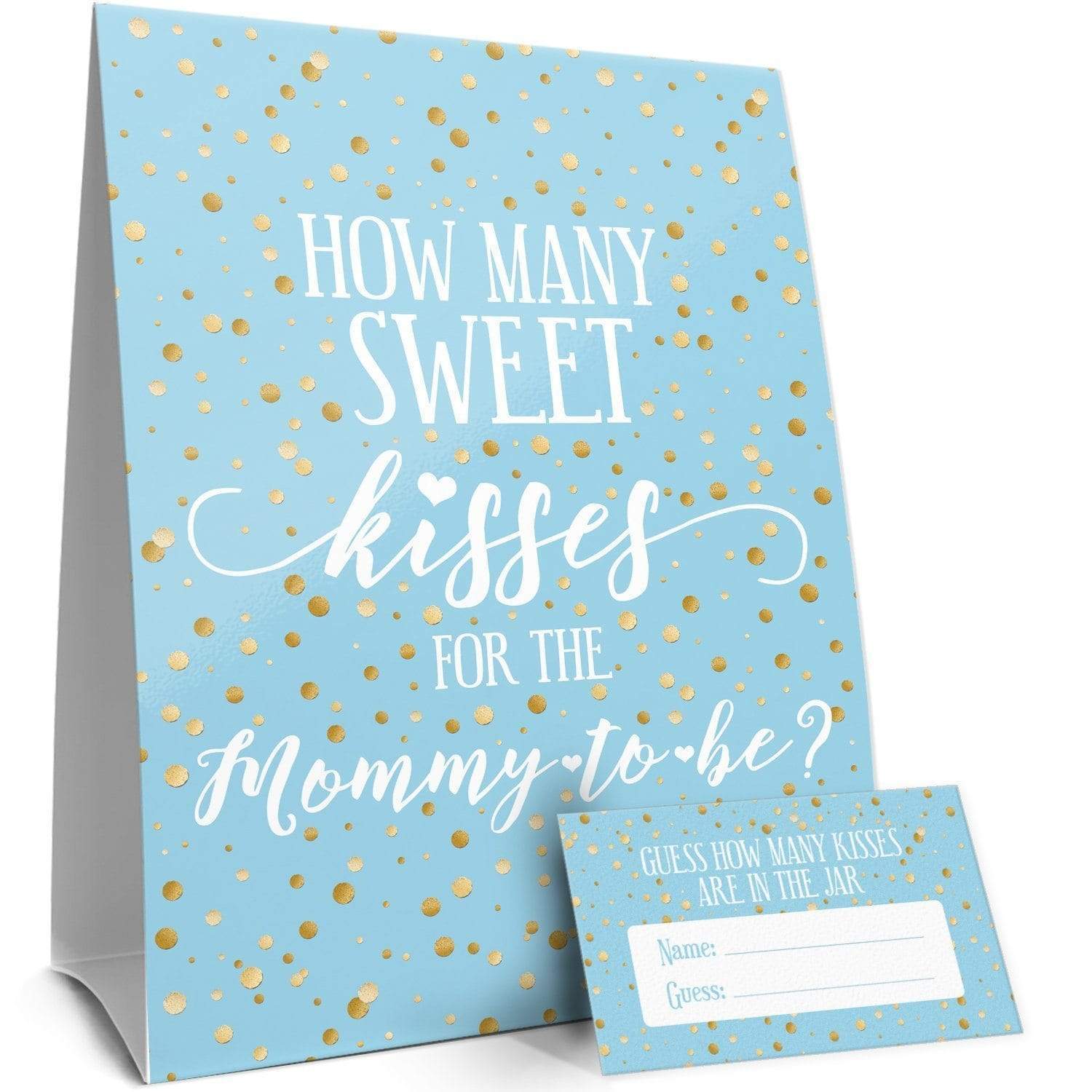 Gold Confetti: Blue - Baby Shower Game - How Many Sweet Kisses for the Mommy to Be - Distinctivs Party