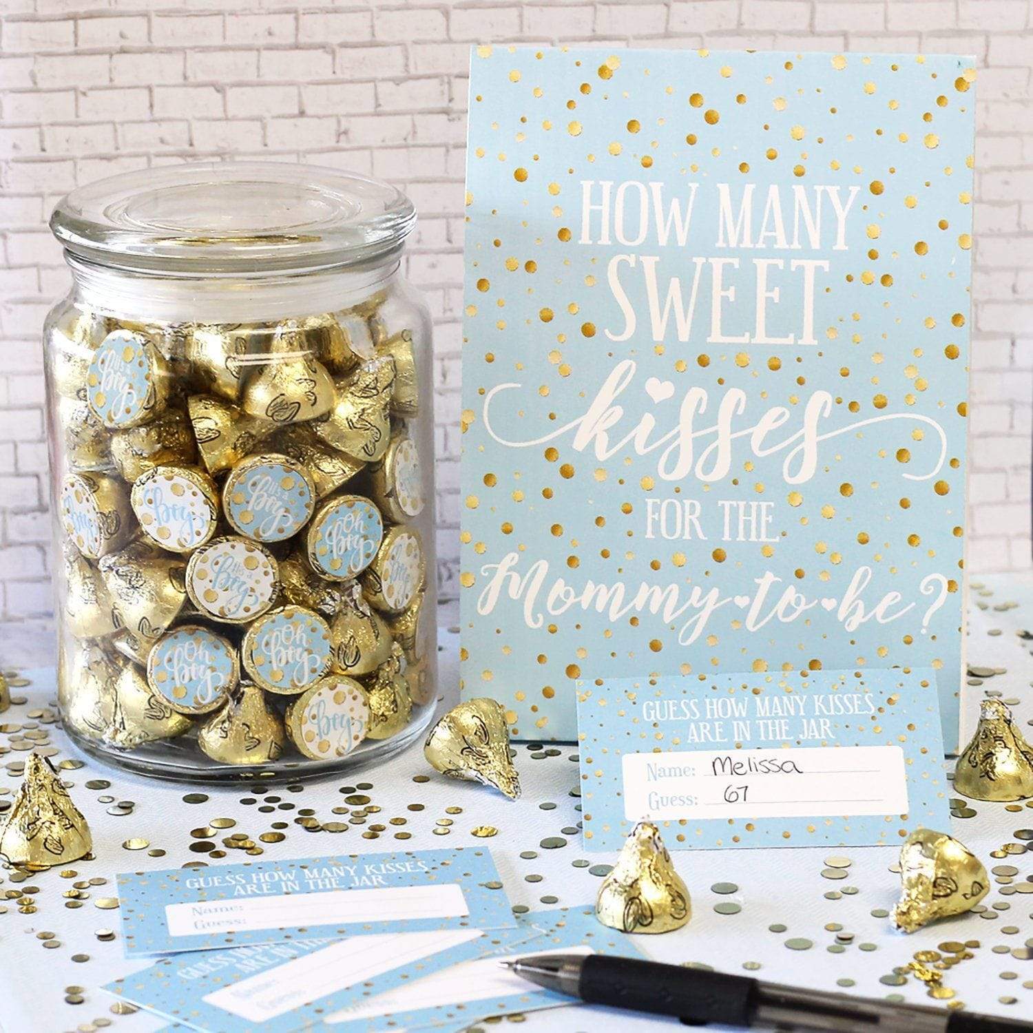 Gold Confetti: Blue - Baby Shower Game - How Many Sweet Kisses for the Mommy to Be - Distinctivs Party