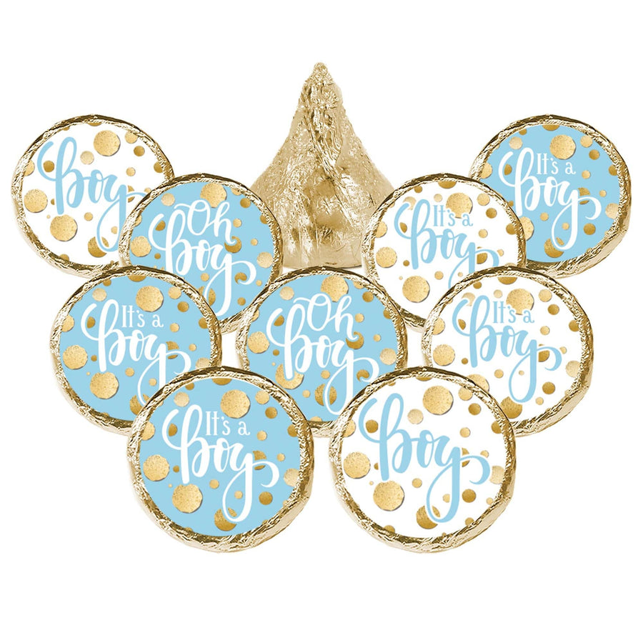 Gold Confetti: Blue - It's a Boy Baby Shower - Favor Stickers - Fits on Hershey's Kisses - 180 Stickers - Distinctivs Party