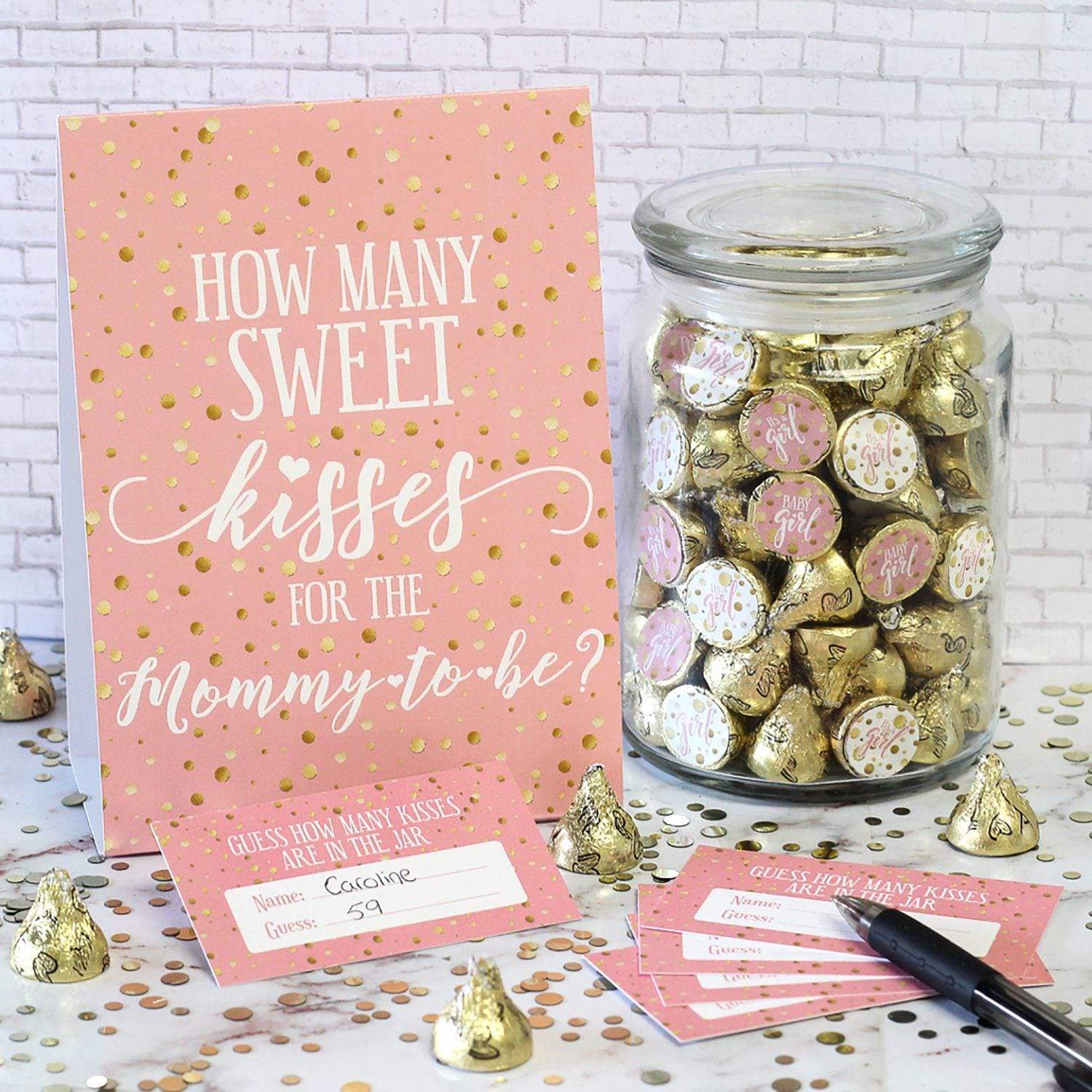 Gold Confetti: Pink How Many Kisses Baby Shower Game Sign + 30 Cards - Distinctivs Party