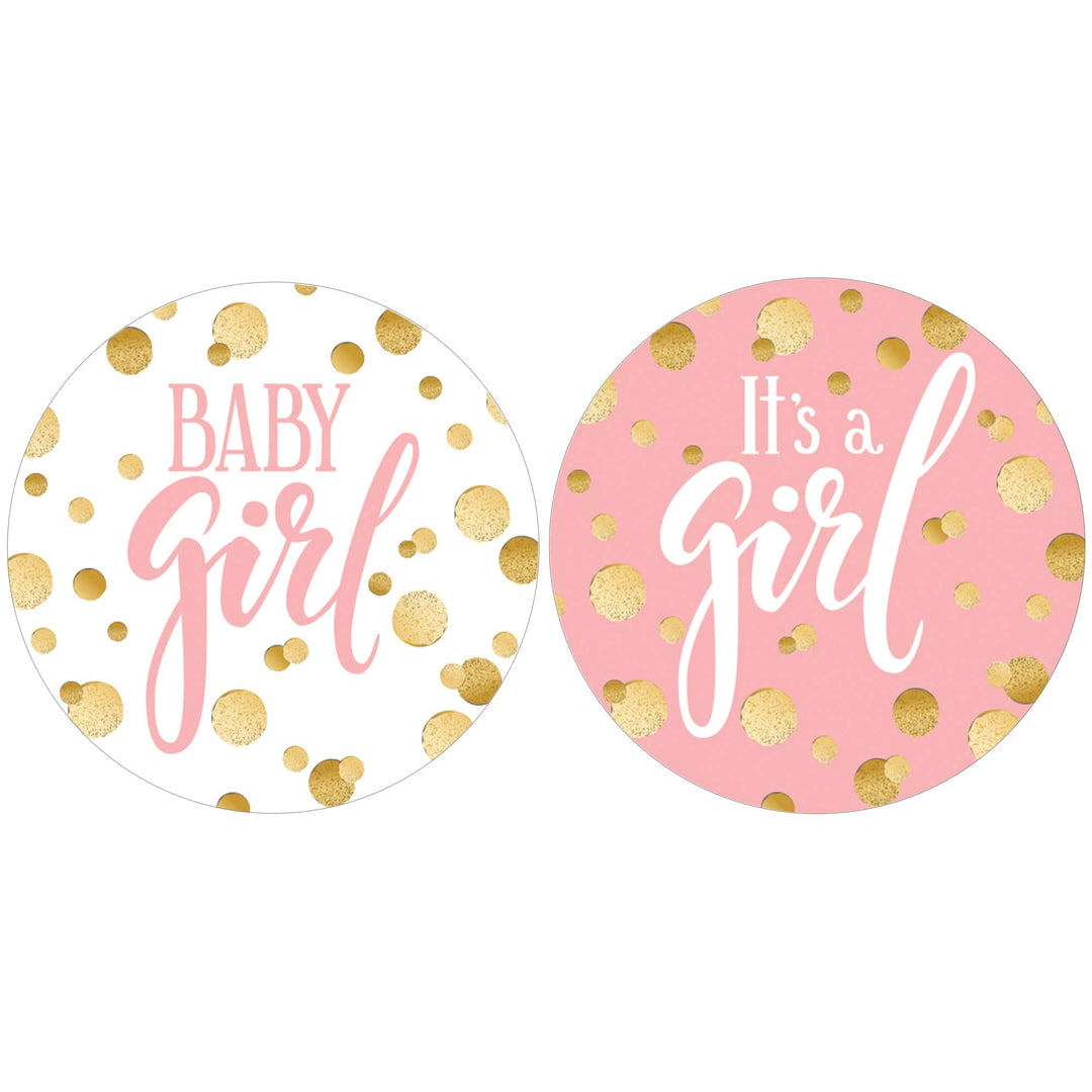 Confeti dorado: rosa - Etiquetas adhesivas circulares para baby shower It's a Girl - 40 pegatinas