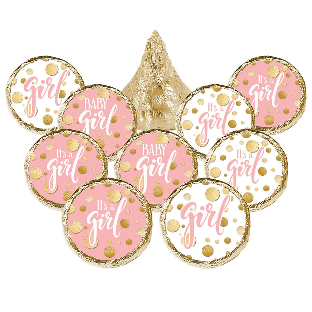 Gold Confetti: Pink - It's a Girl Baby Shower Favor Stickers - Fits on Hershey's Kisses - 180 Stickers