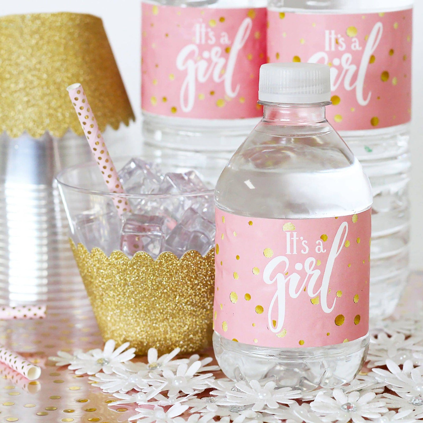 Gold Confetti: Pink -  It's a Girl Baby Shower Water Bottle Labels - 20 Stickers - Distinctivs Party