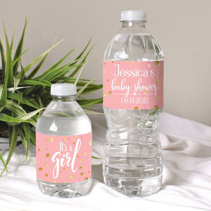 Confeti dorado: rosa - Etiquetas para botellas de agua para baby shower It's a Girl - 24 pegatinas