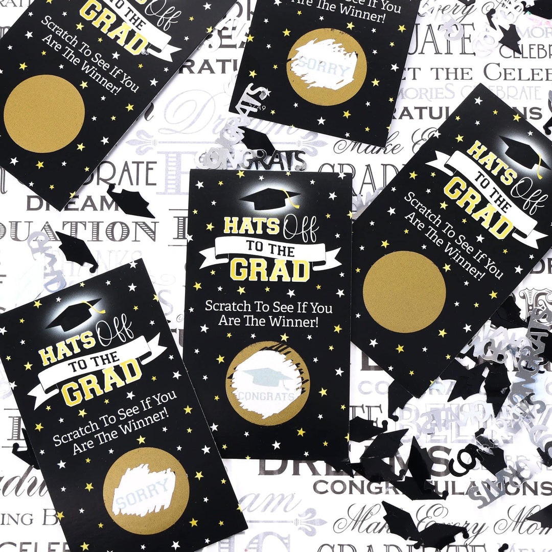 Graduation Party Game: Black and Gold Scratch Off Cards- Class of 2025 - 30 Cards (2 Winners)