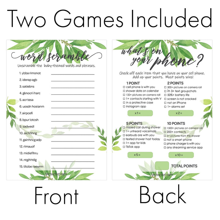 Greenery Baby Shower 2 Game Bundle - Guess Who Mommy or Daddy and All Things Green - 20 Dual Sided Cards