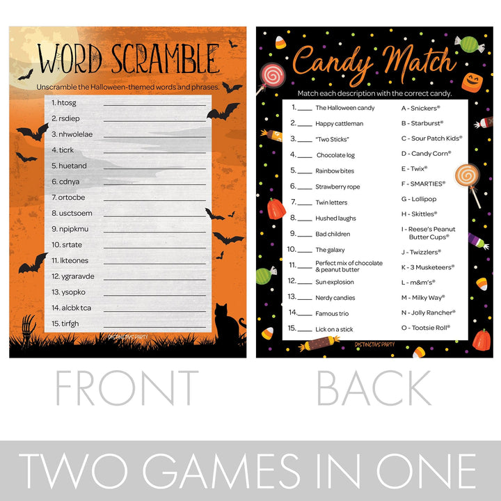 Halloween Party 2 Game Bundle - Candy Match and Word Scramble - 25 Dual Sided Cards
