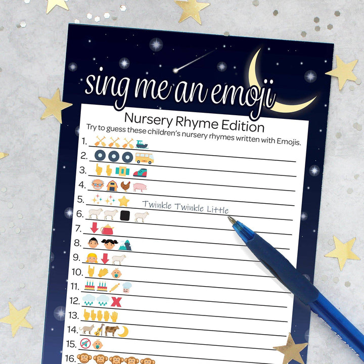 Te amo hasta la luna y de regreso: Juego de baby shower - Emoji - 20 cartas