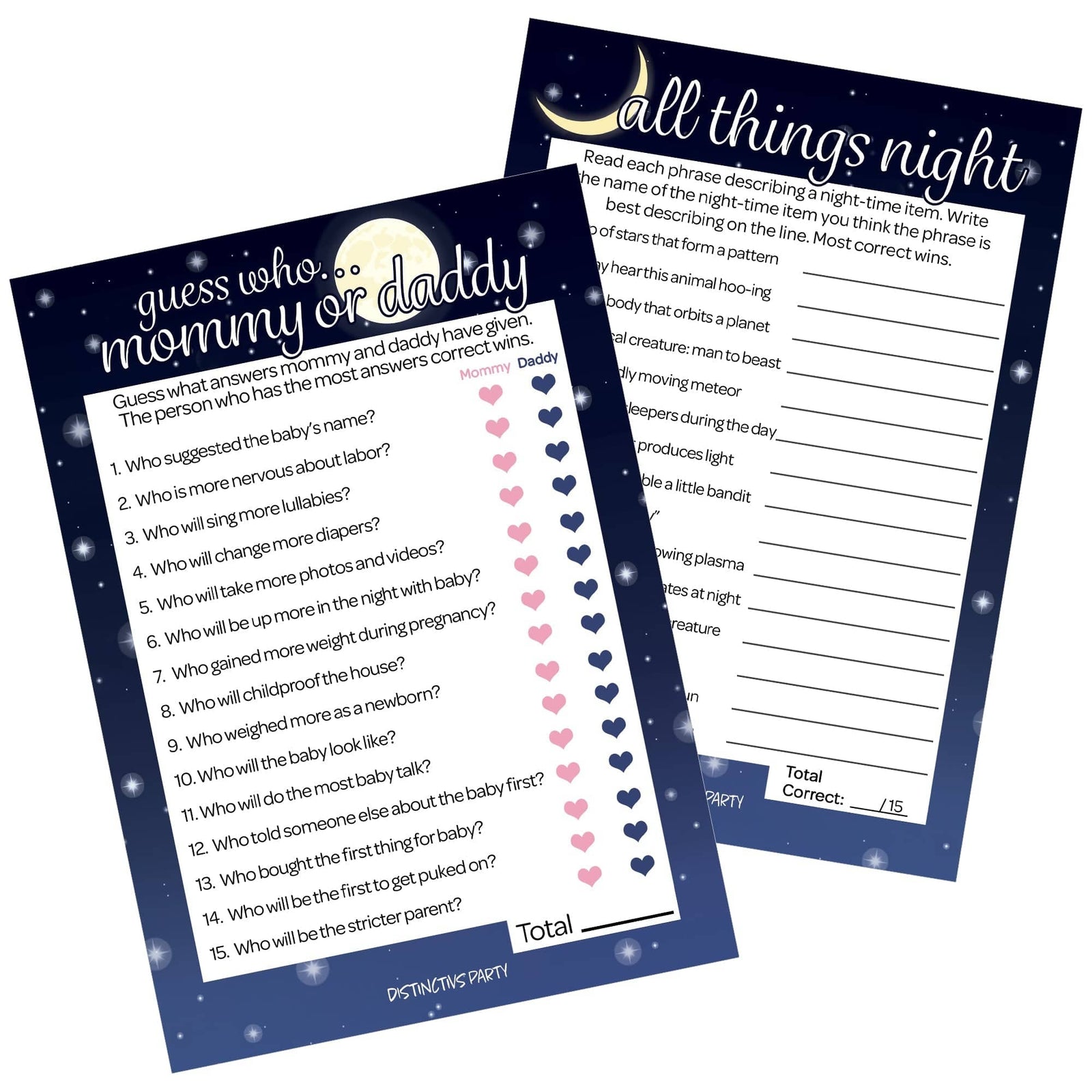 I Love You to the Moon and Back: Baby Shower Game - "Guess Who" Mommy or Daddy and All Things Night - Two Game Bundle - 20 Dual Sided Cards - Distinctivs Party