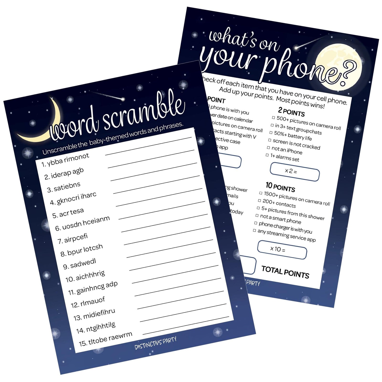 I Love You to the Moon and Back: Baby Shower Game - What's On Your Phone and Word Scramble - Two Game Bundle -  20 Dual Sided Cards - Distinctivs Party