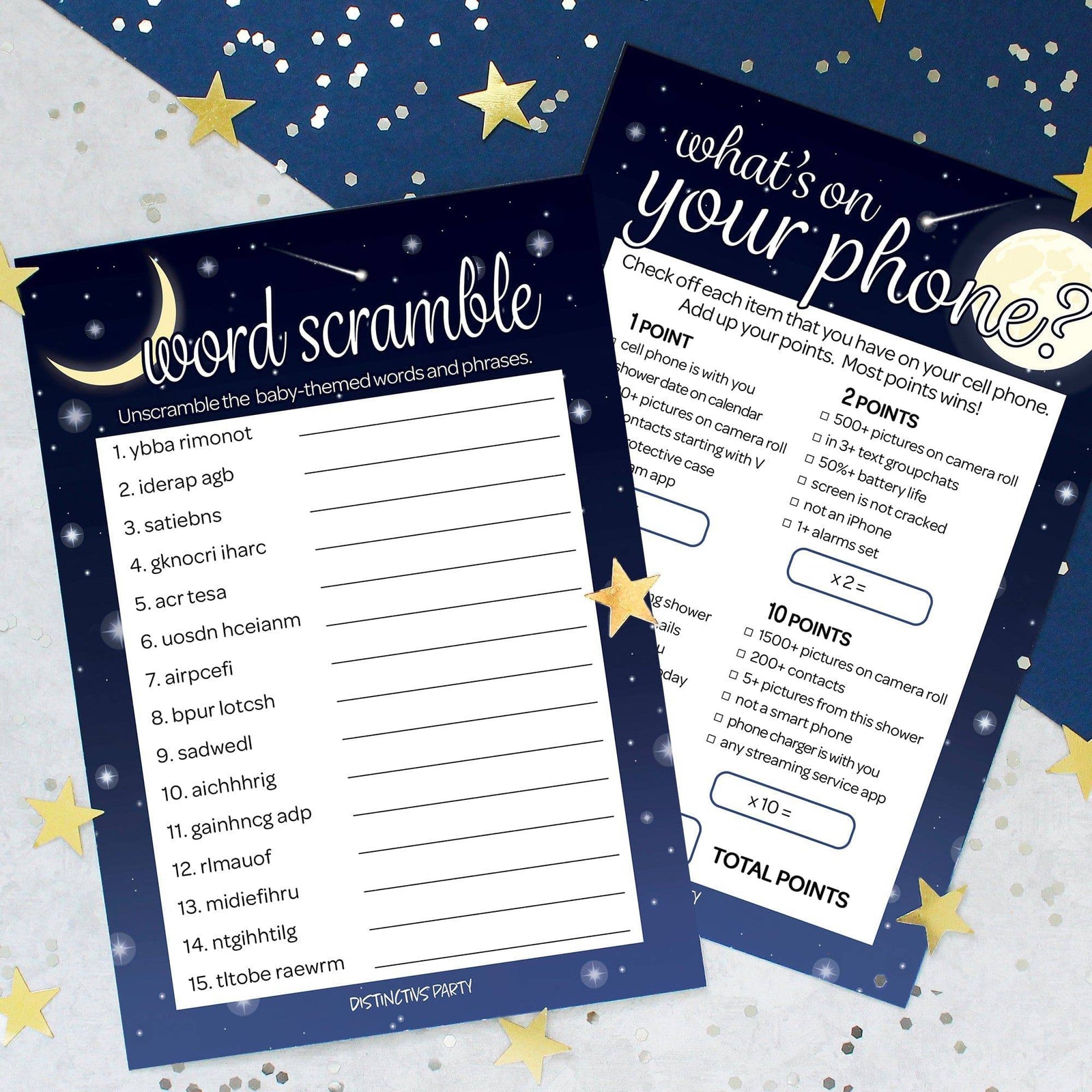 I Love You to the Moon and Back: Baby Shower Game - What's On Your Phone and Word Scramble - Two Game Bundle -  20 Dual Sided Cards - Distinctivs Party