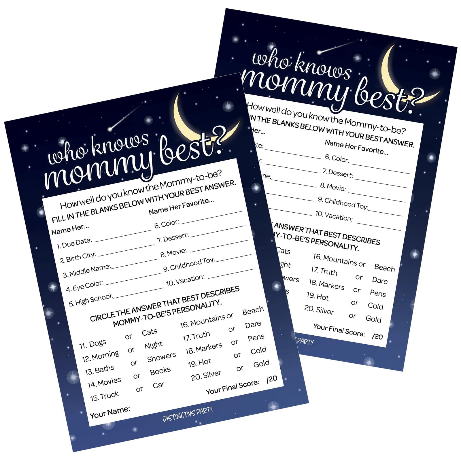I Love You to the Moon and Back: Baby Shower Game - Who Knows Mommy Best Game Cards -20 count - Distinctivs Party