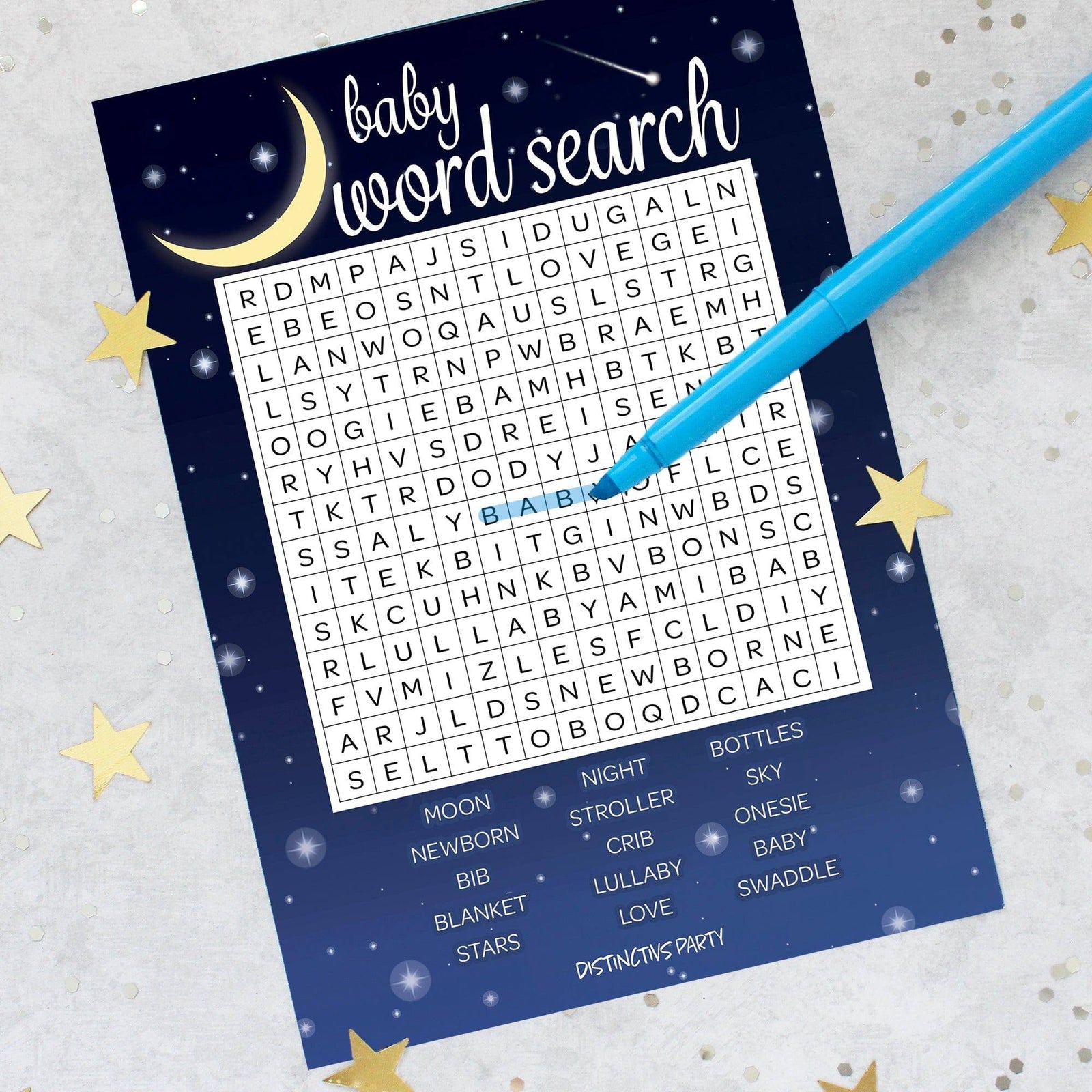 I Love You to the Moon and Back: Baby Shower Game - Word Search - 20 Cards - Distinctivs Party