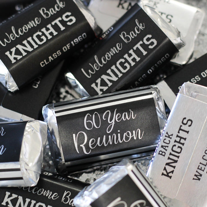Personalized Class Reunion Party Mini Candy Bar Labels - 45 or 250 Stickers (12 Color Choices)