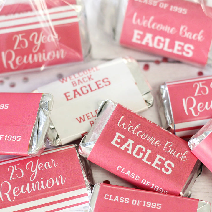 Personalized Class Reunion Party Mini Candy Bar Labels - 45 or 250 Stickers (12 Color Choices)