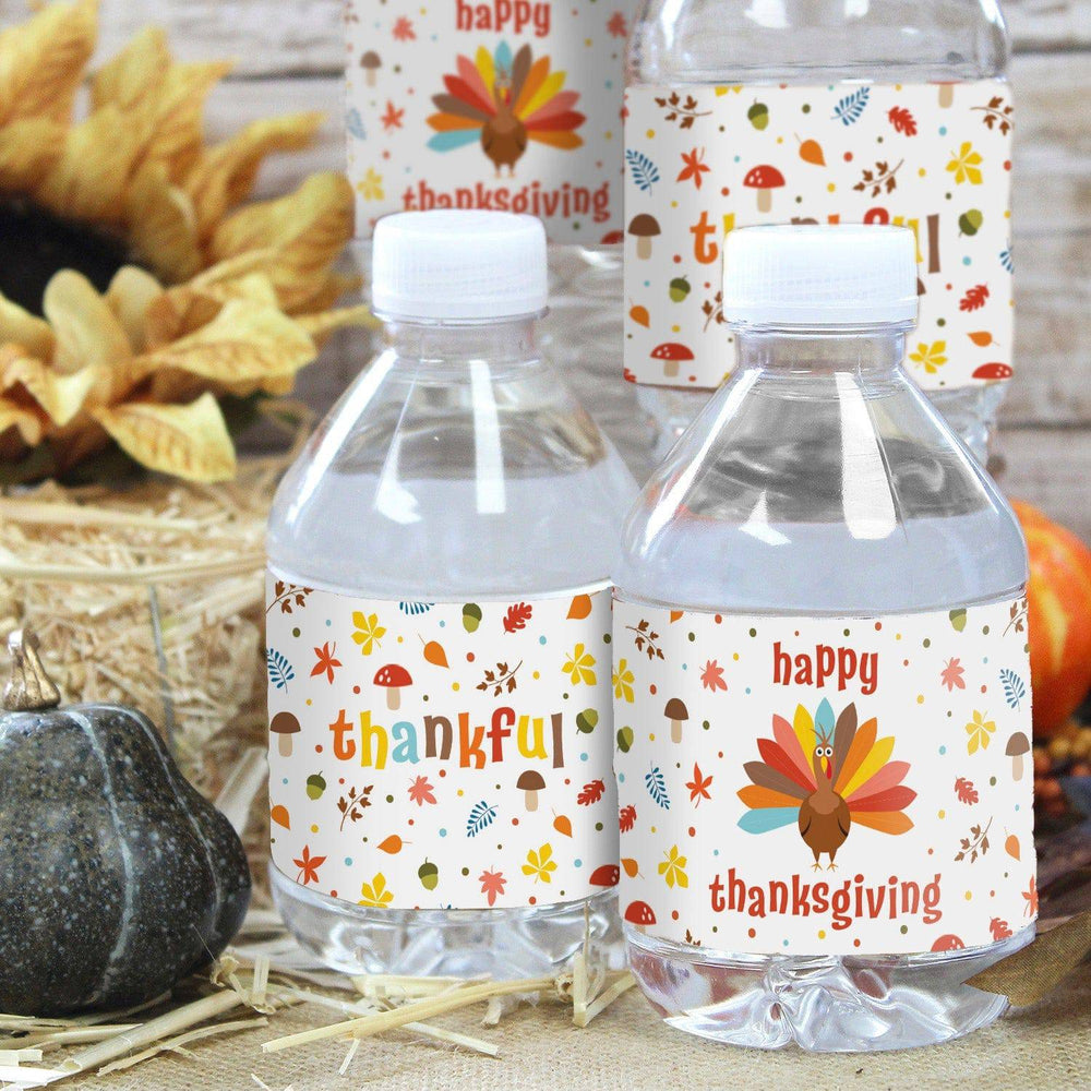 Kid's Thanksgiving Water Bottle Label Stickers - Waterproof - 24 Pack - Distinctivs Party