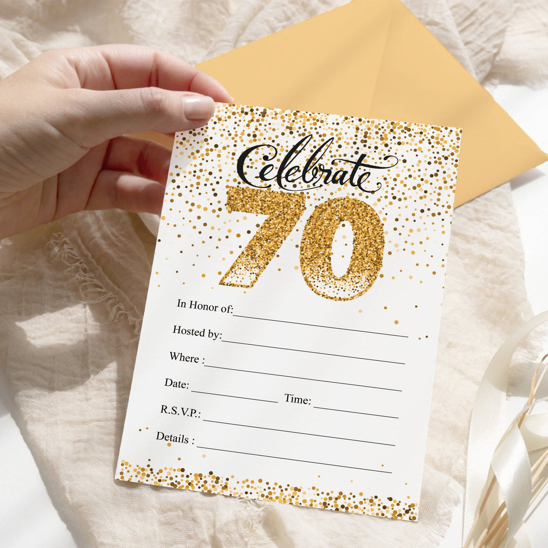 70th Birthday: White and Gold  - Adult Birthday - Party Invitations with Envelopes - 10 Pack