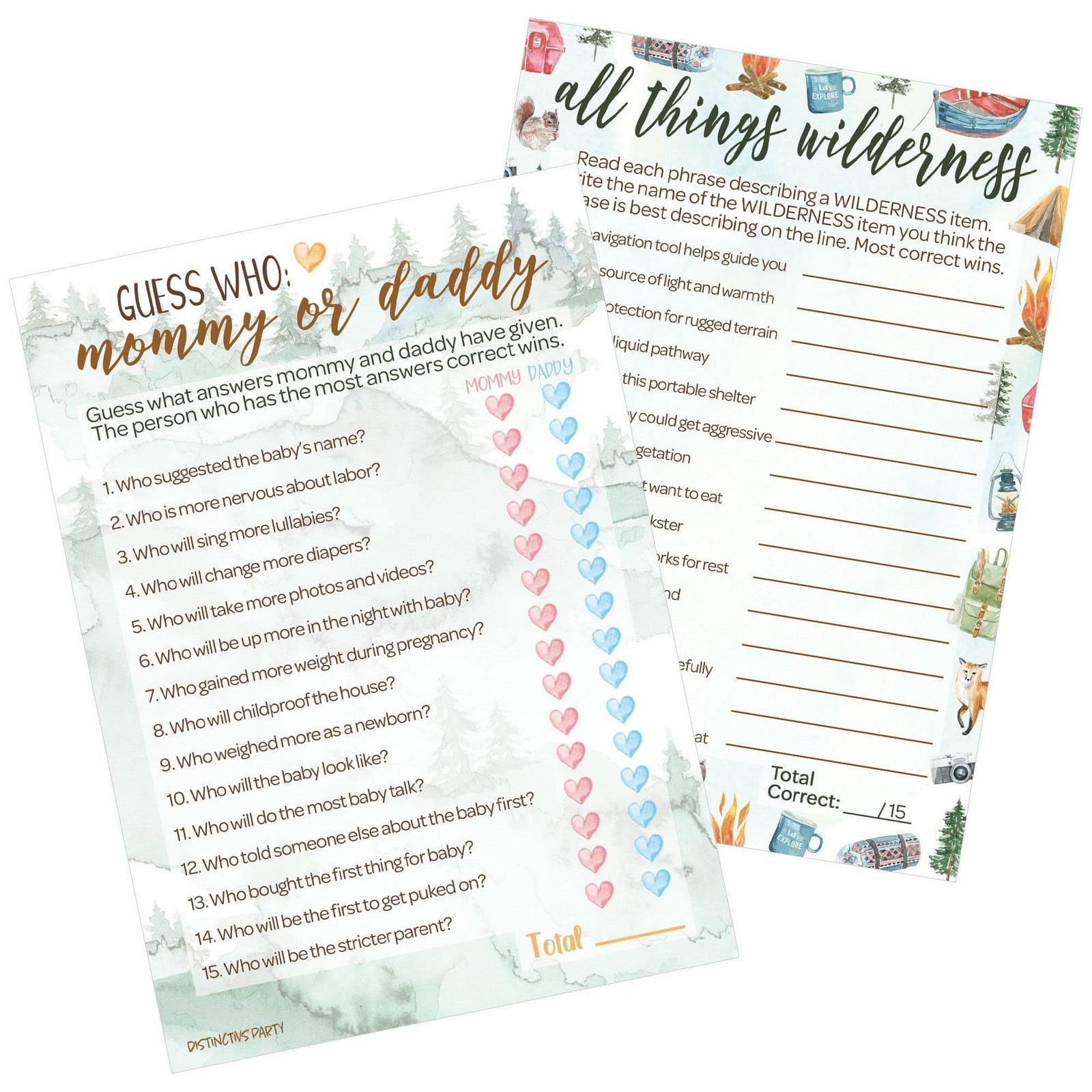 Little Adventurer: Baby Shower Game - "Guess Who" Mommy or Daddy and All Things Wilderness - Two Game Bundle - 20 Dual Sided Cards - Distinctivs Party