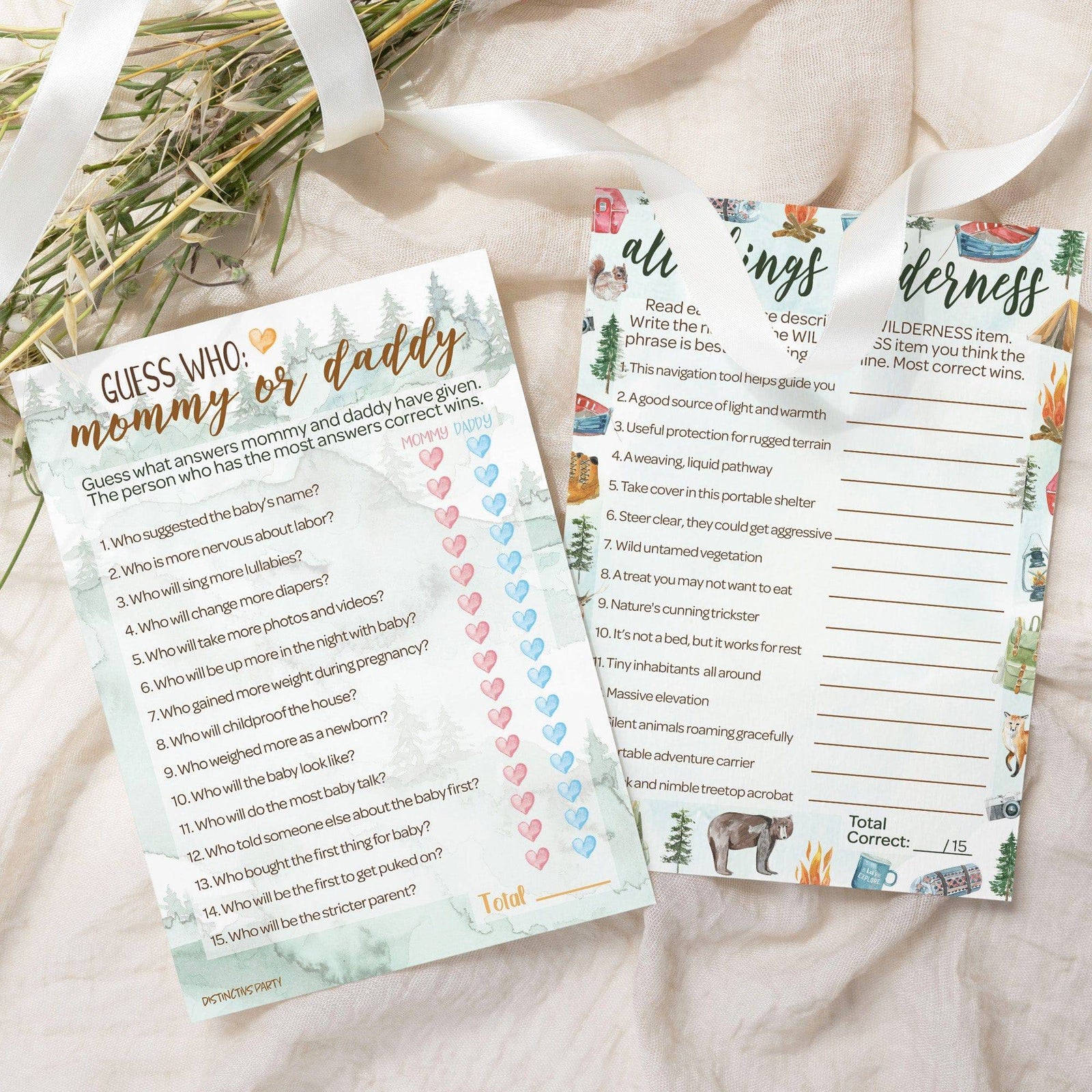 Little Adventurer: Baby Shower Game - "Guess Who" Mommy or Daddy and All Things Wilderness - Two Game Bundle - 20 Dual Sided Cards - Distinctivs Party