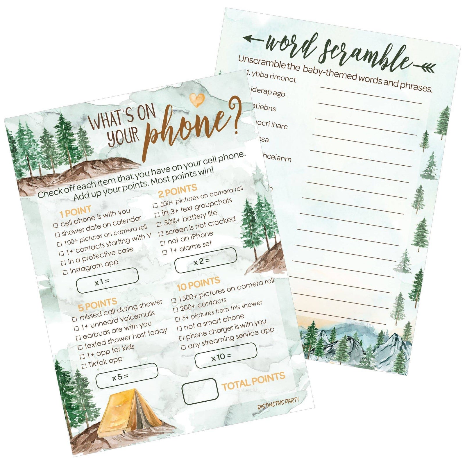 Little Adventurer: Baby Shower Game -What's On Your Phone and Word Scramble -Two Game Bundle - 20 Dual Sided Cards - Distinctivs Party