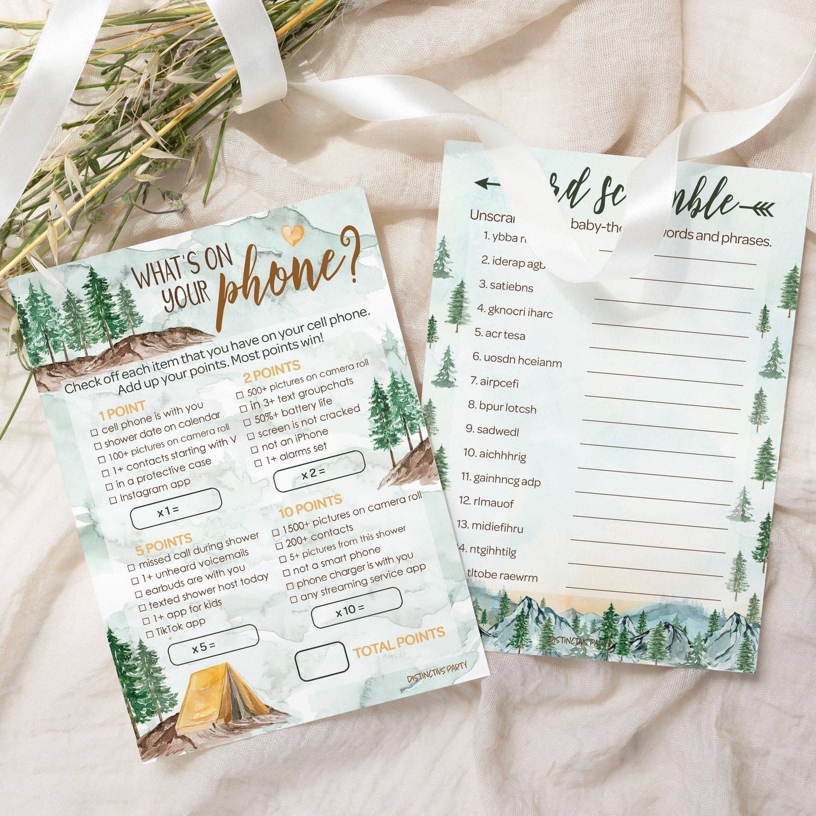 Little Adventurer: Baby Shower Game -What's On Your Phone and Word Scramble -Two Game Bundle - 20 Dual Sided Cards - Distinctivs Party