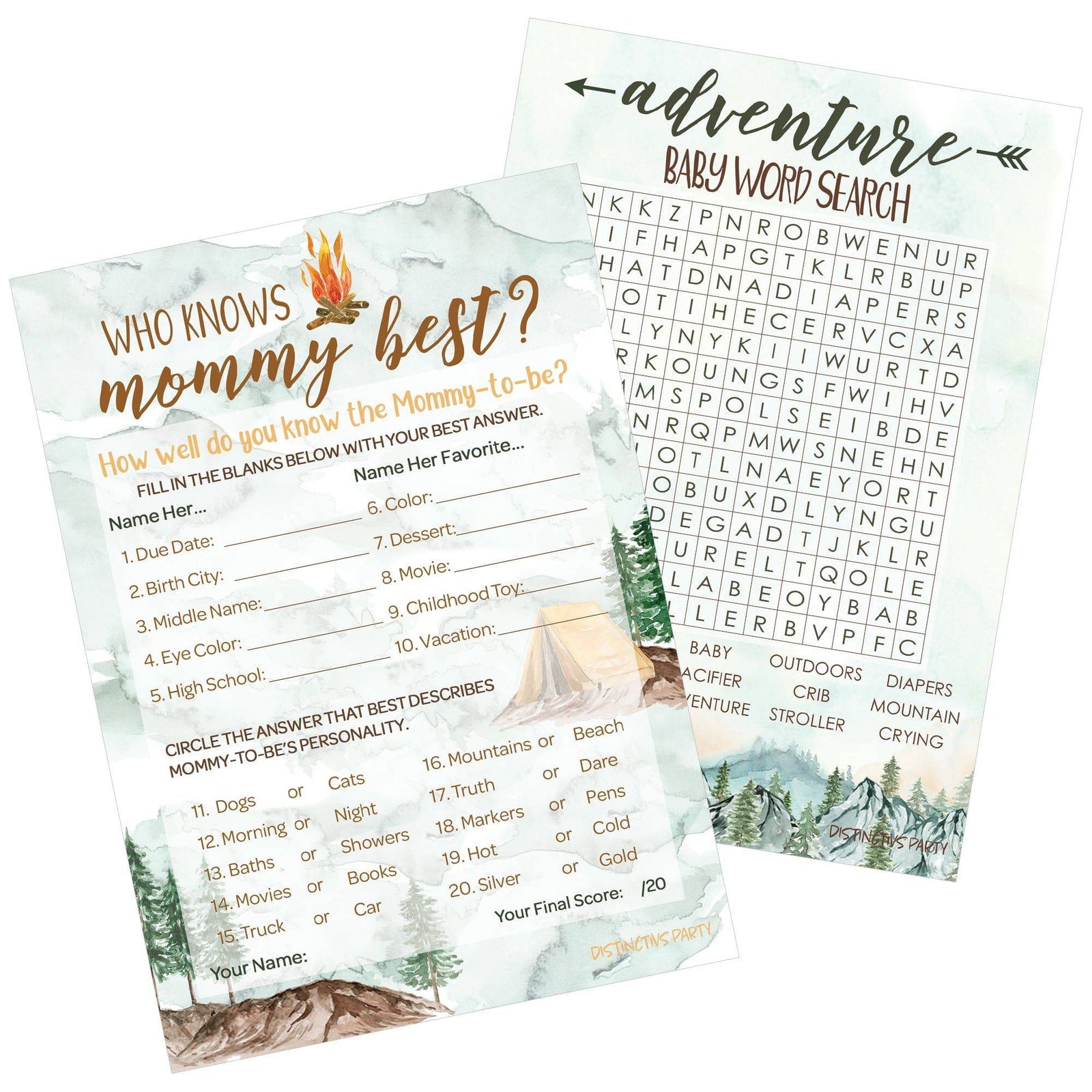 Little Adventurer: Baby Shower Game - Word Search and Who Knows Mommy Best - Two Game Bundle - 20 Dual Sided Cards - Distinctivs Party
