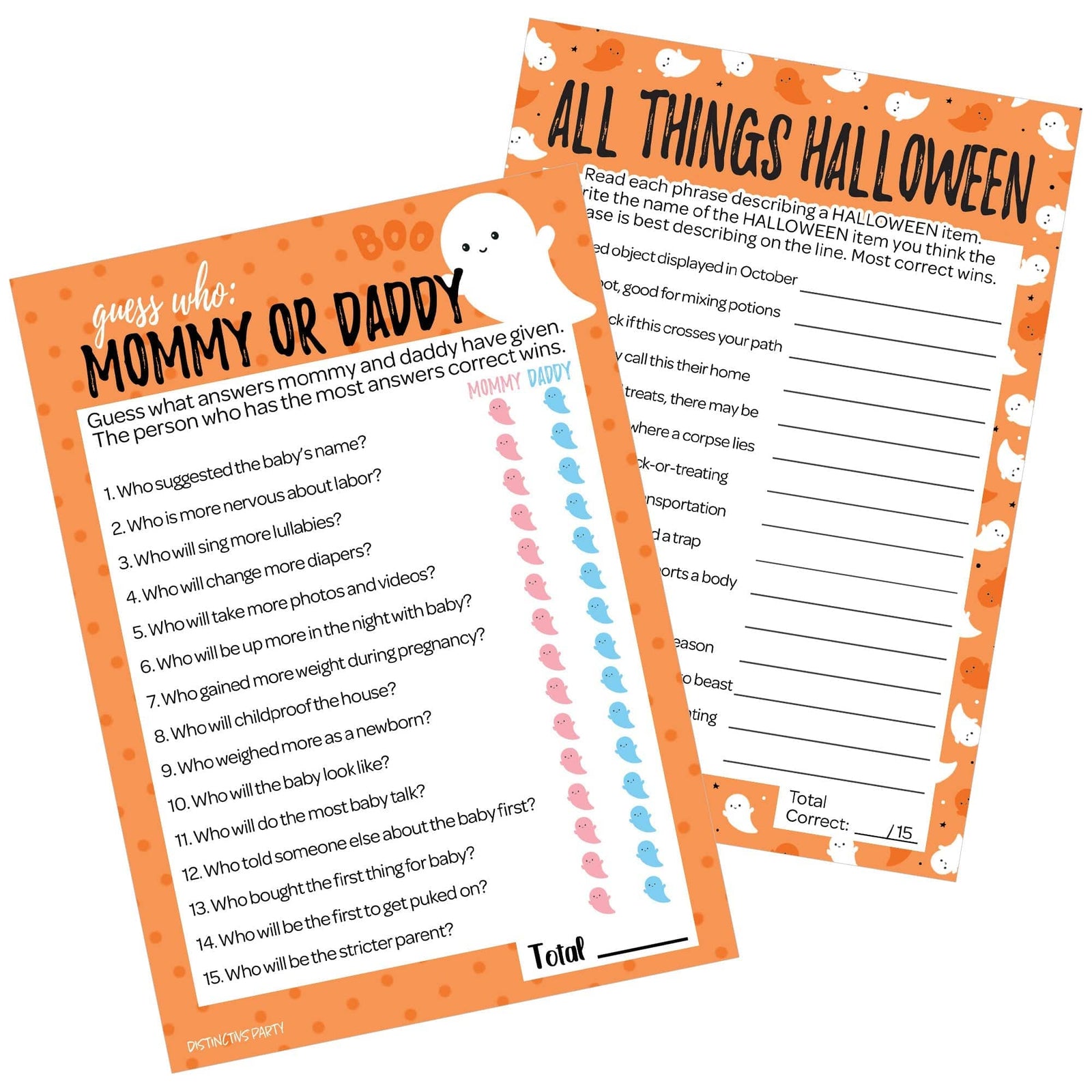 Little Boo: Orange - Baby Shower Game - Fall "Guess Who" Mommy or Daddy and All Things Halloween - Two Game Bundle - 20 Dual Sided Cards - Distinctivs Party