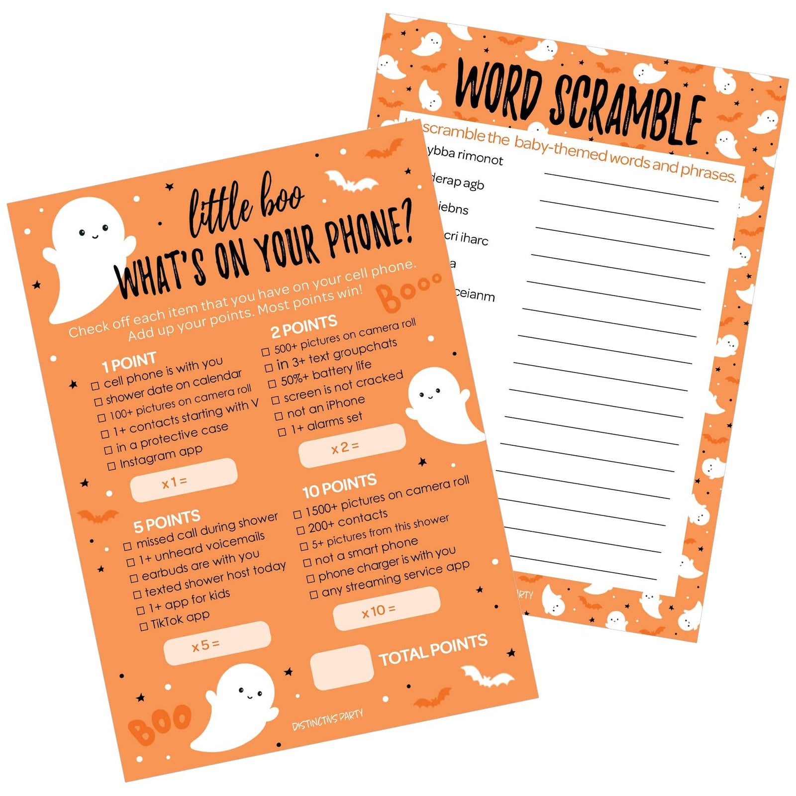 Little Boo: Orange - Baby Shower Game - Fall What's On Your Phone and Word Scramble - Two Game Bundle -  20 Dual Sided Cards - Distinctivs Party