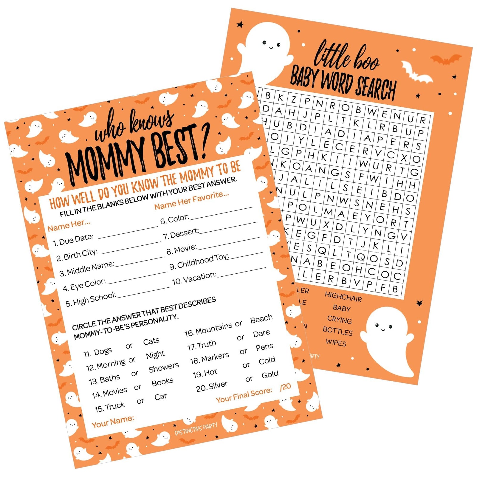 Little Boo: Orange - Baby Shower Game  - Fall Word Search and Who Knows Mommy Best - Two Game Bundle - 20 Dual Sided Cards - Distinctivs Party