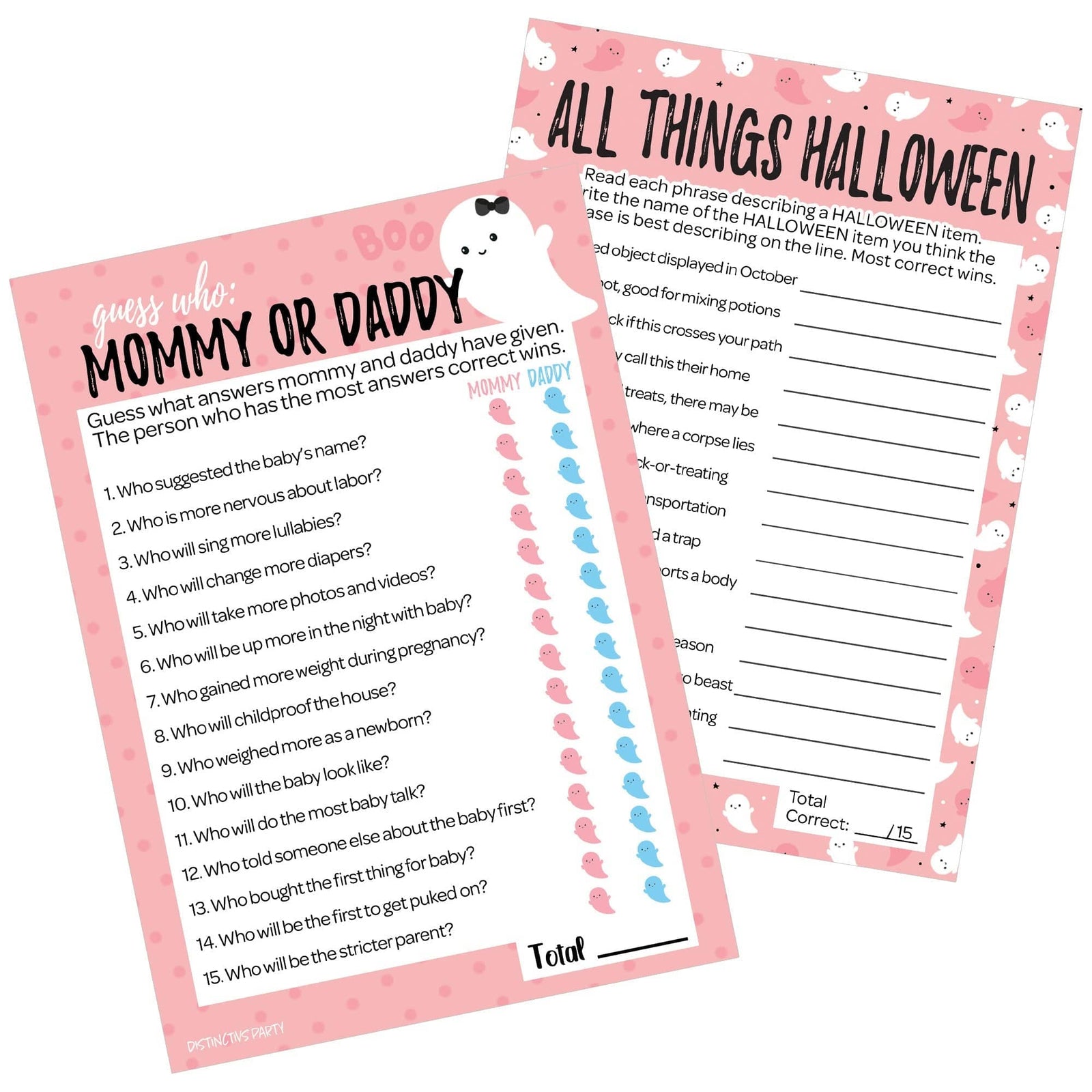 Little Boo: Pink - Baby Shower Game - Fall "Guess Who" Mommy or Daddy and All Things Halloween - Two Game Bundle - 20 Dual Sided Cards - Distinctivs Party