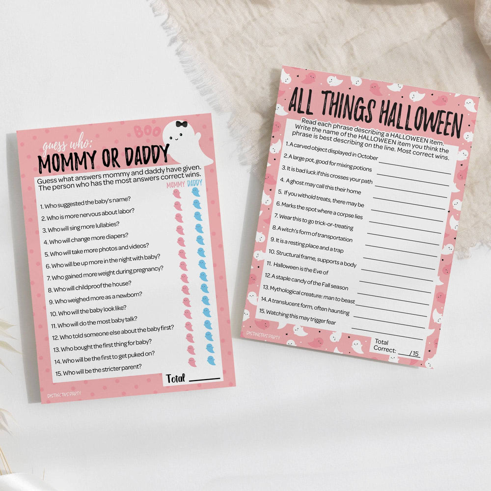 Little Boo: Pink - Baby Shower Game - "Guess Who" Mommy or Daddy and All Things Halloween - Two Game Bundle - 20 Dual Sided Cards - Distinctivs Party