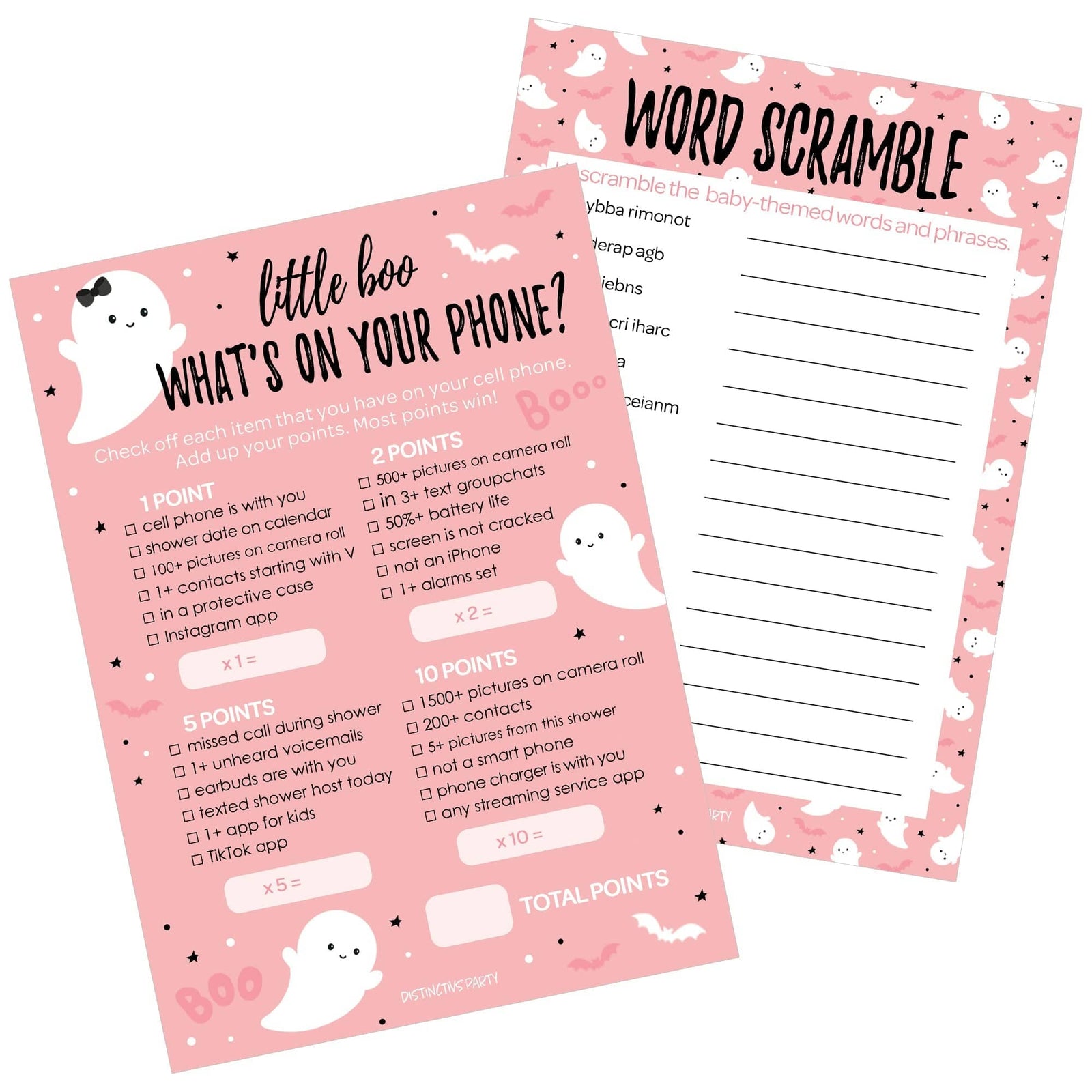 Little Boo: Pink - Baby Shower Game - Fall What's On Your Phone and Word Scramble - Two Game Bundle -  20 Dual Sided Cards - Distinctivs Party