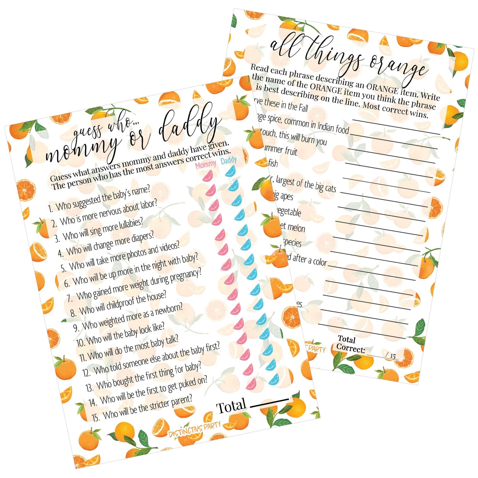 Little Cutie:  Baby Shower Game - "Guess Who Mommy or Daddy" and All Things Orange - Two Game Bundle - 20 Dual Sided Cards - Distinctivs Party