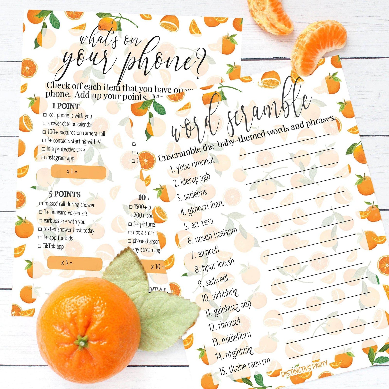 Little Cutie: Baby Shower Game - What's On Your Phone and Word Scramble - Two Game Bundle  - 20 Dual Sided Cards - Distinctivs Party