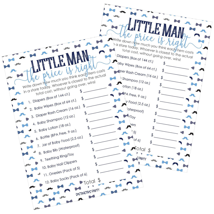 Little Man: Baby Shower Game - Baby Shower Price is Right Game Cards - Boy, Bowtie - 20 Cards - Distinctivs Party