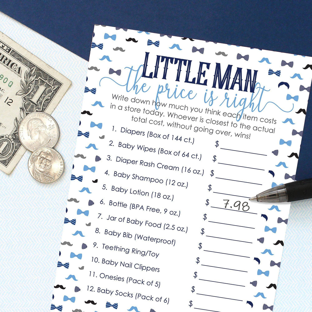 Little Man: Baby Shower Game - Baby Shower Price is Right Game Cards - Boy, Bowtie - 20 Cards - Distinctivs Party