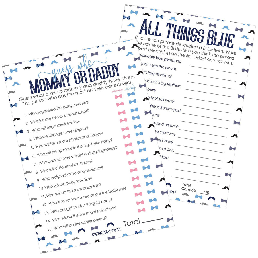 Little Man: Baby Shower Game - "Guess Who" Mommy or Daddy and All Things Blue - Two Game Bundle - Boy, Bowtie - 20 Dual Sided Cards - Distinctivs Party