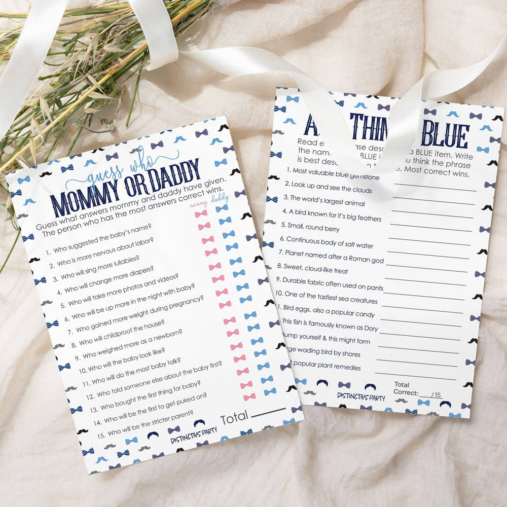 Little Man: Baby Shower Game - "Guess Who" Mommy or Daddy and All Things Blue - Two Game Bundle - Boy, Bowtie - 20 Dual Sided Cards - Distinctivs Party