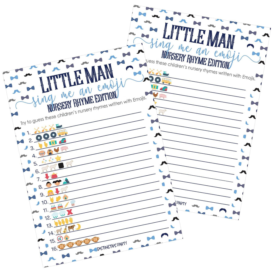 Little Man: Baby Shower Game -  Nursery Rhyme Emoji Game Cards - Boy, Bowtie - 20 Cards - Distinctivs Party