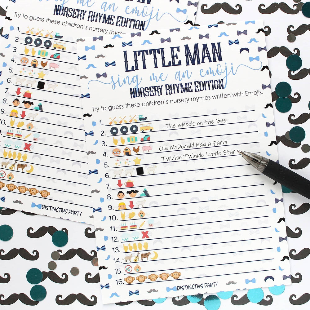 Little Man: Baby Shower Game -  Nursery Rhyme Emoji Game Cards - Boy, Bowtie - 20 Cards - Distinctivs Party