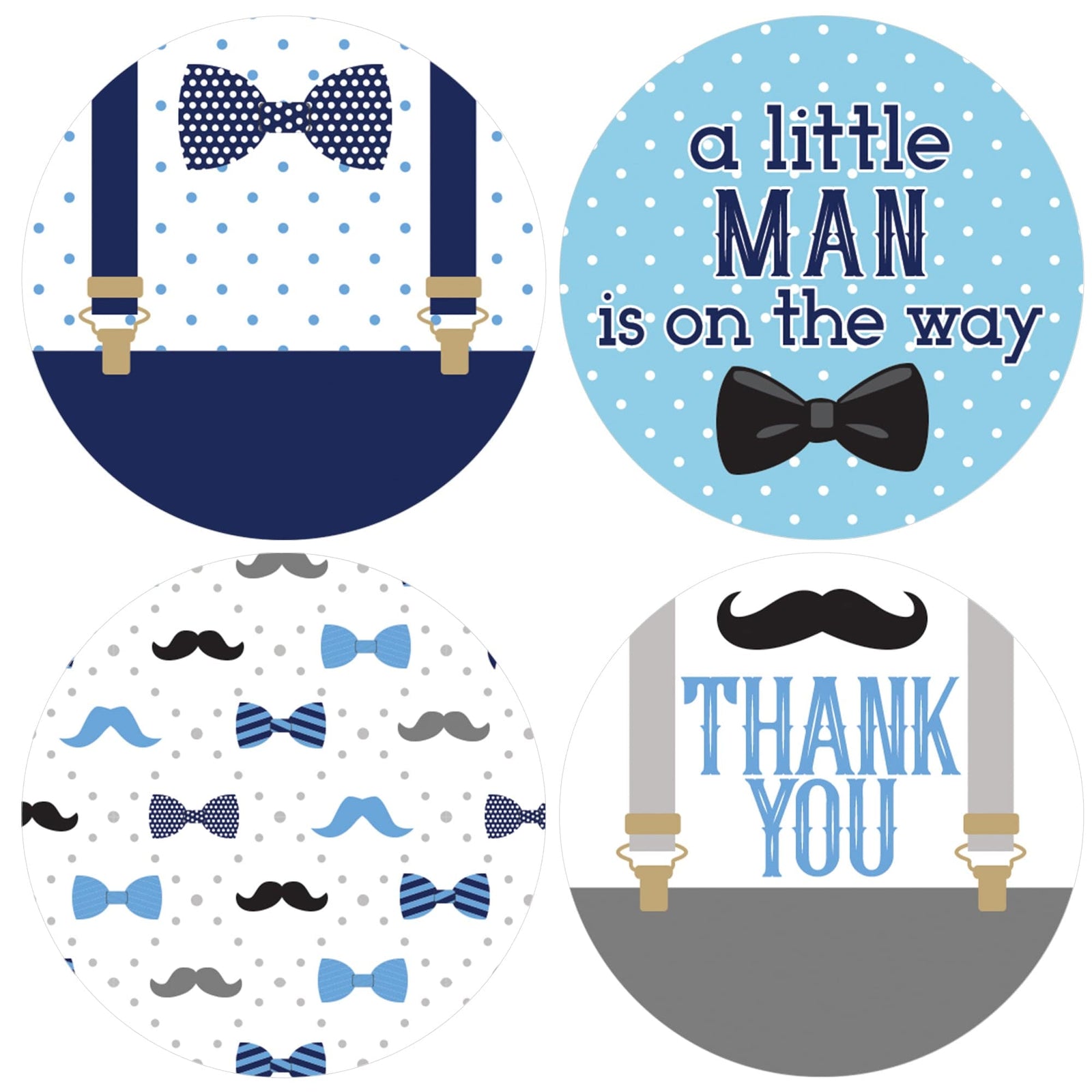 Little Man: Baby Shower - Thank You Stickers - Boy, Bowtie - 40 Stickers - Distinctivs Party