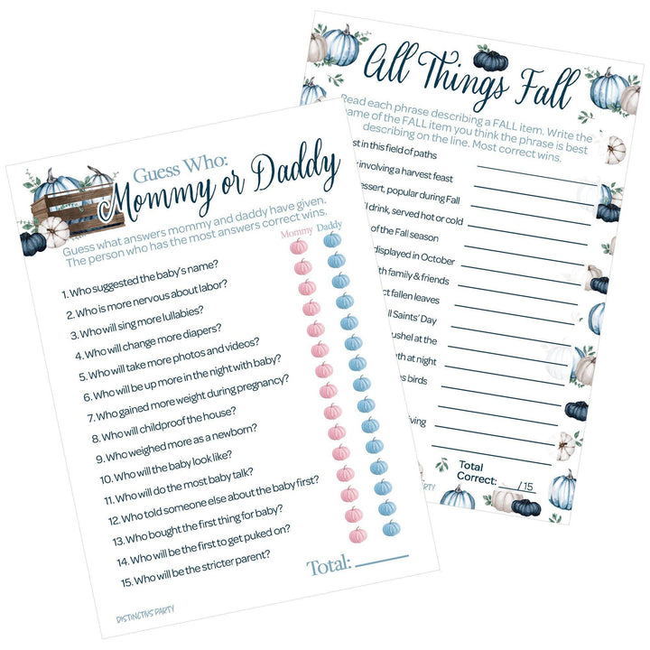 Little Pumpkin: Blue - Baby Shower Game Bundle - "Guess Who" Mommy or Daddy and All Things Fall - Boy -  2 Sided Game - 20 Cards