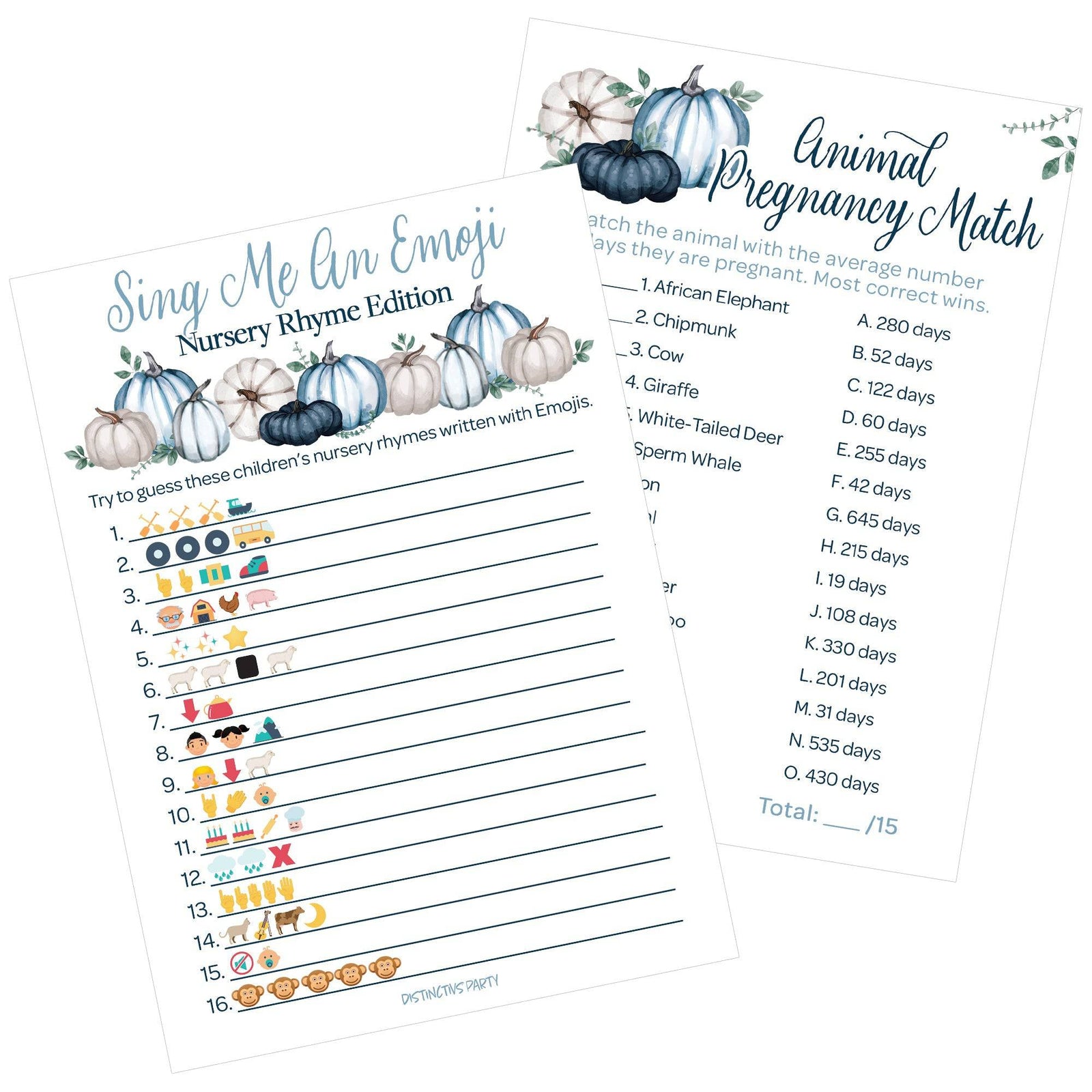 Little Pumpkin: Blue - Baby Shower Game Bundle - Sing Me An Emoji and Animal Pregnancy Match - 2 Sided Game - Fall, Boy - 20 Cards - Distinctivs Party