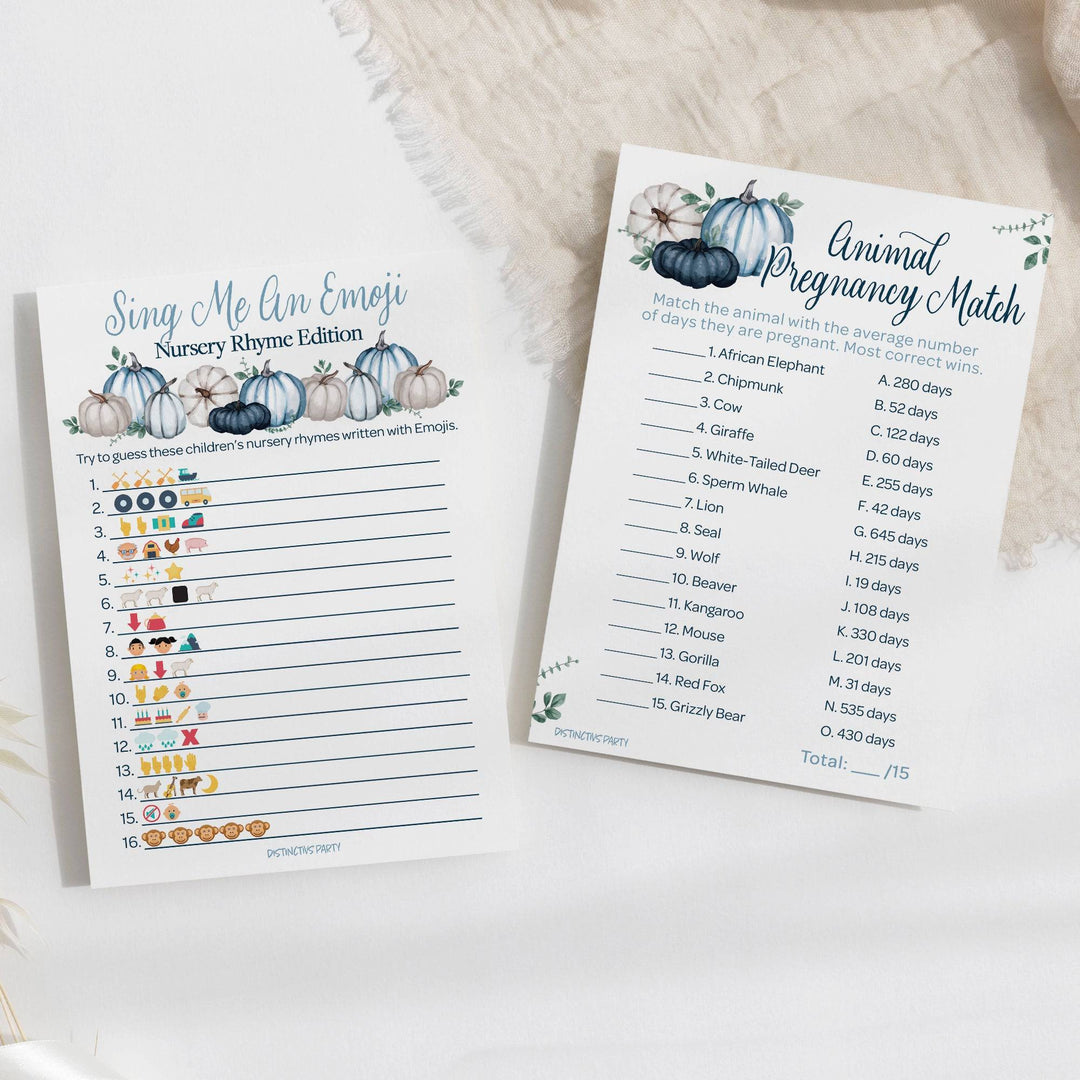 Little Pumpkin: Blue - Baby Shower Game Bundle - Sing Me An Emoji and Animal Pregnancy Match - 2 Sided Game - Fall, Boy - 20 Cards - Distinctivs Party