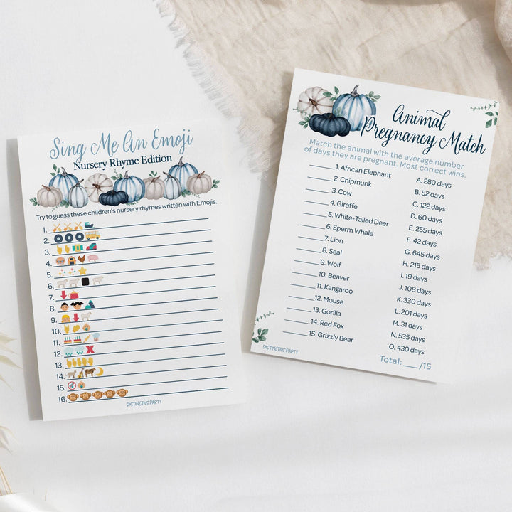 Little Pumpkin: Blue - Baby Shower Game Bundle - Sing Me An Emoji and Animal Pregnancy Match - 2 Sided Game - Fall, Boy - 20 Cards - Distinctivs Party