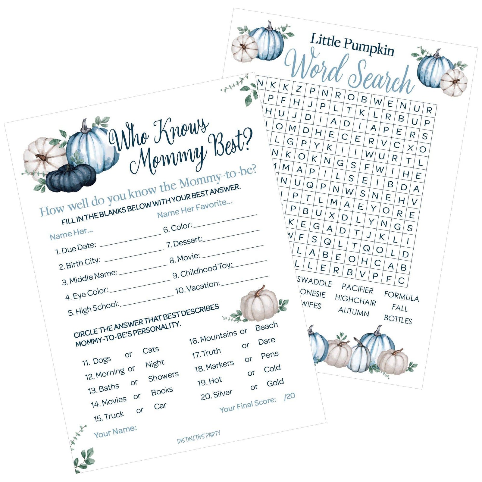Little Pumpkin: Blue - Baby Shower Game Bundle - Word Search and Who Knows Mommy Best - 2 Sided Game  - Fall, Boy - 20 Cards - Distinctivs Party